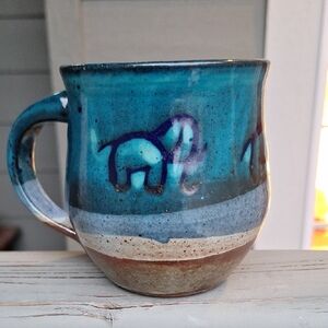 Vintage Handmade Artist Signed 'H.' Handmade Elephant Mug With Blue Drip Glaze